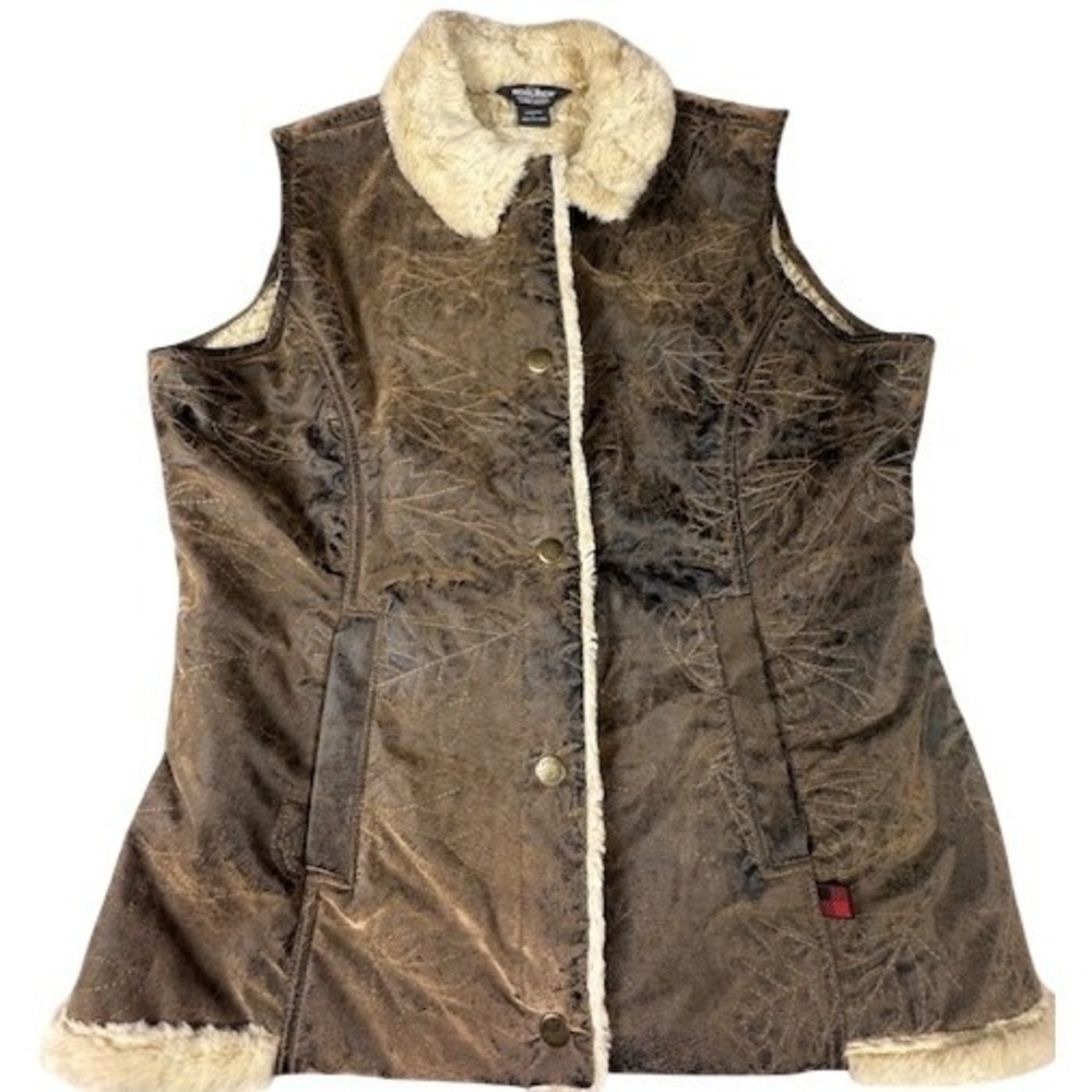Woolrich Women's L Saddle Vest 15323 Faux Shearling Leaf Design Brown
